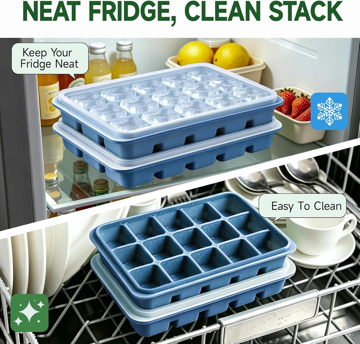 Ice Cube Trays Set of 2, 15-Cube Silicone Molds with Removable Lids