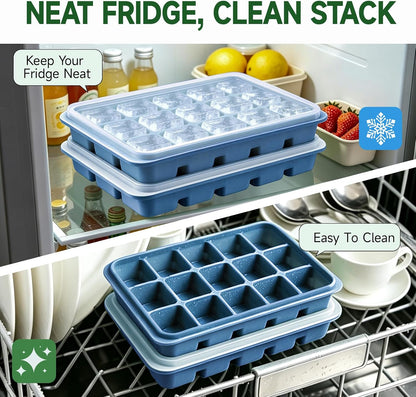 Ice Cube Trays Set of 2, 15-Cube Silicone Molds with Removable Lids