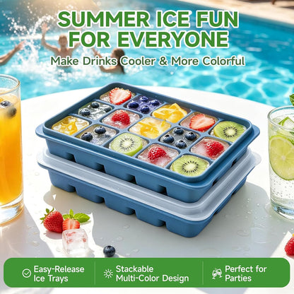 Ice Cube Trays Set of 2, 15-Cube Silicone Molds with Removable Lids