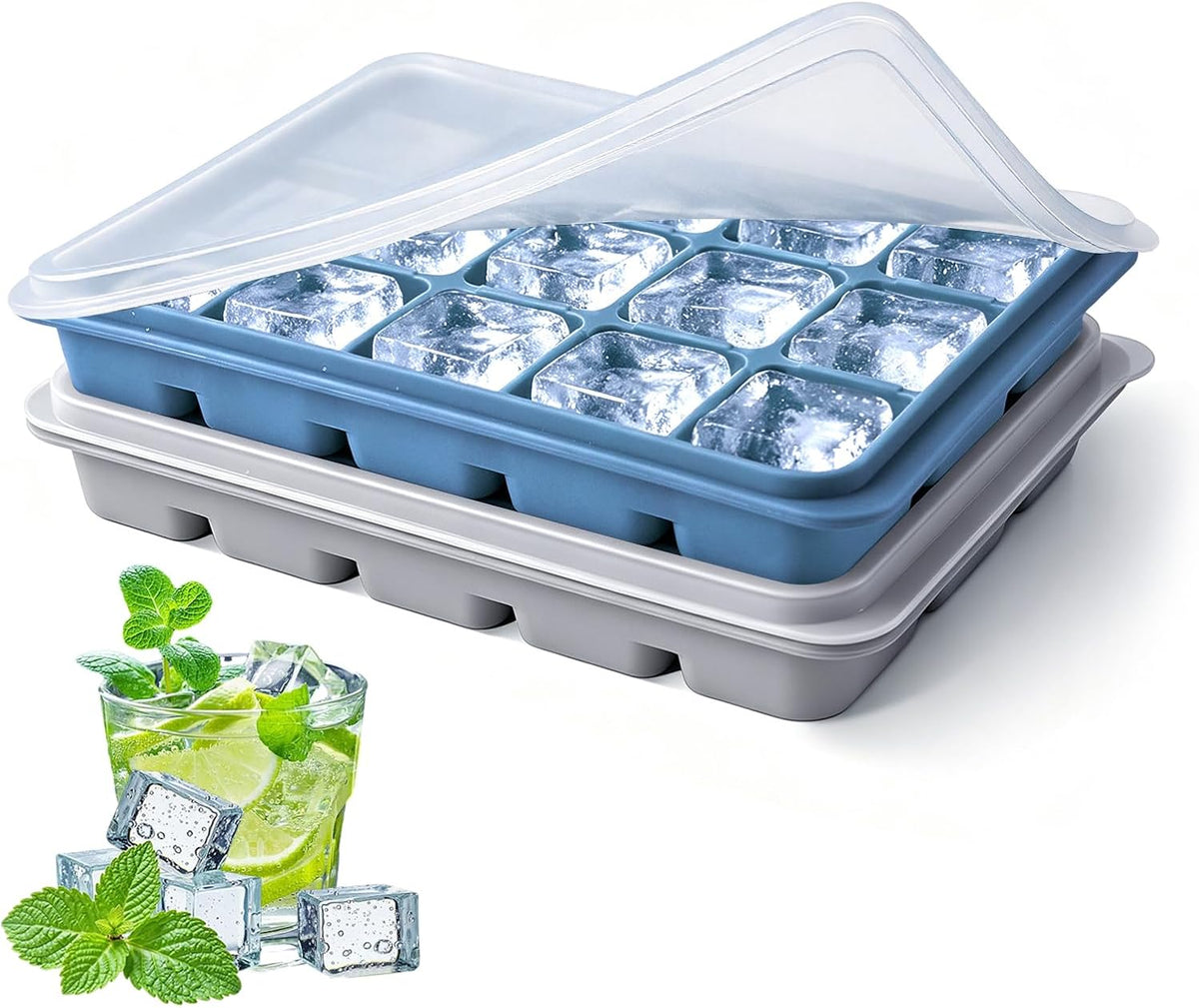 Ice Cube Trays Set of 2, 15-Cube Silicone Molds with Removable Lids