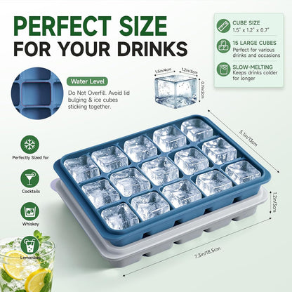 Ice Cube Trays Set of 2, 15-Cube Silicone Molds with Removable Lids
