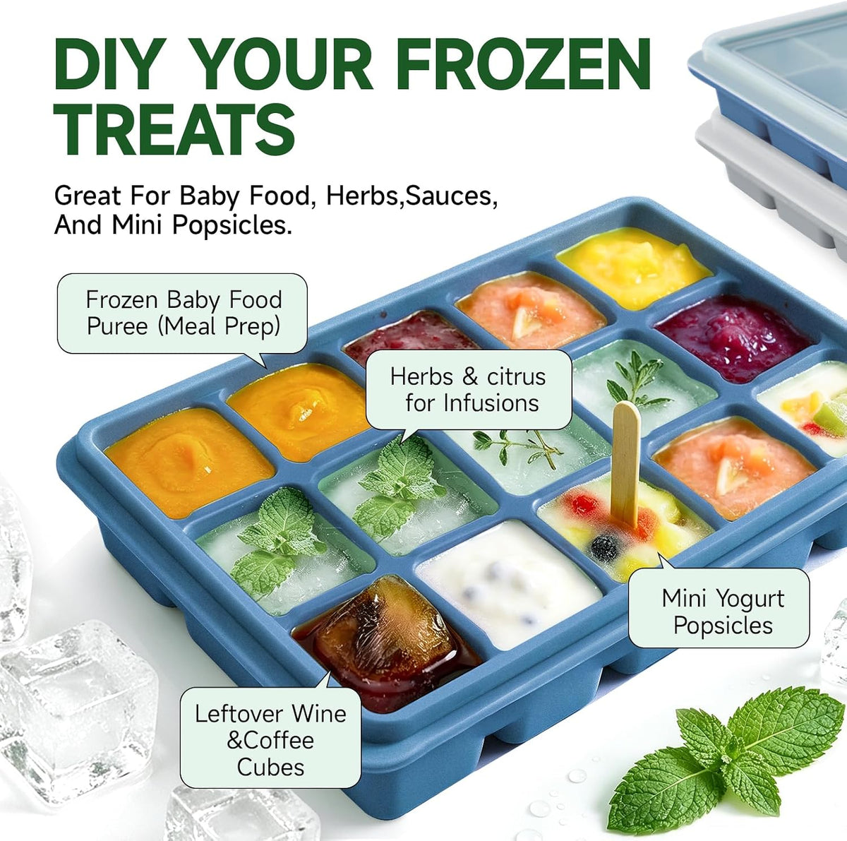 Ice Cube Trays Set of 2, 15-Cube Silicone Molds with Removable Lids