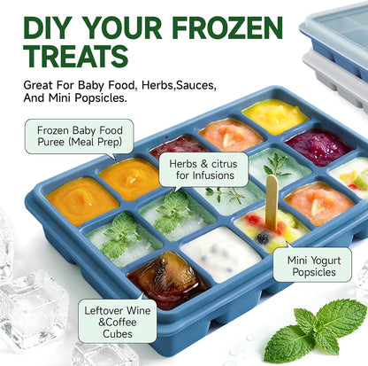 Ice Cube Trays Set of 2, 15-Cube Silicone Molds with Removable Lids