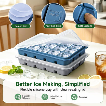 Ice Cube Trays Set of 2, 15-Cube Silicone Molds with Removable Lids