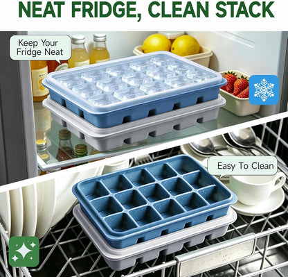 Ice Cube Trays Set of 2, 15-Cube Silicone Molds with Removable Lids