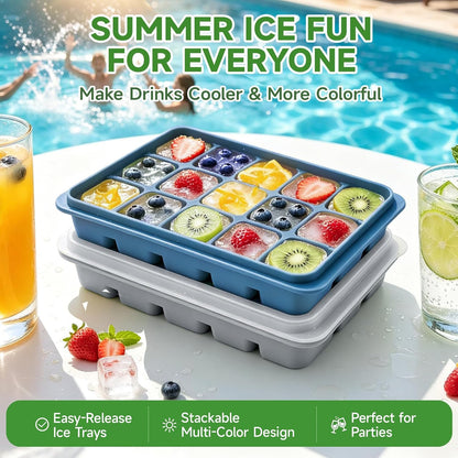 Ice Cube Trays Set of 2, 15-Cube Silicone Molds with Removable Lids
