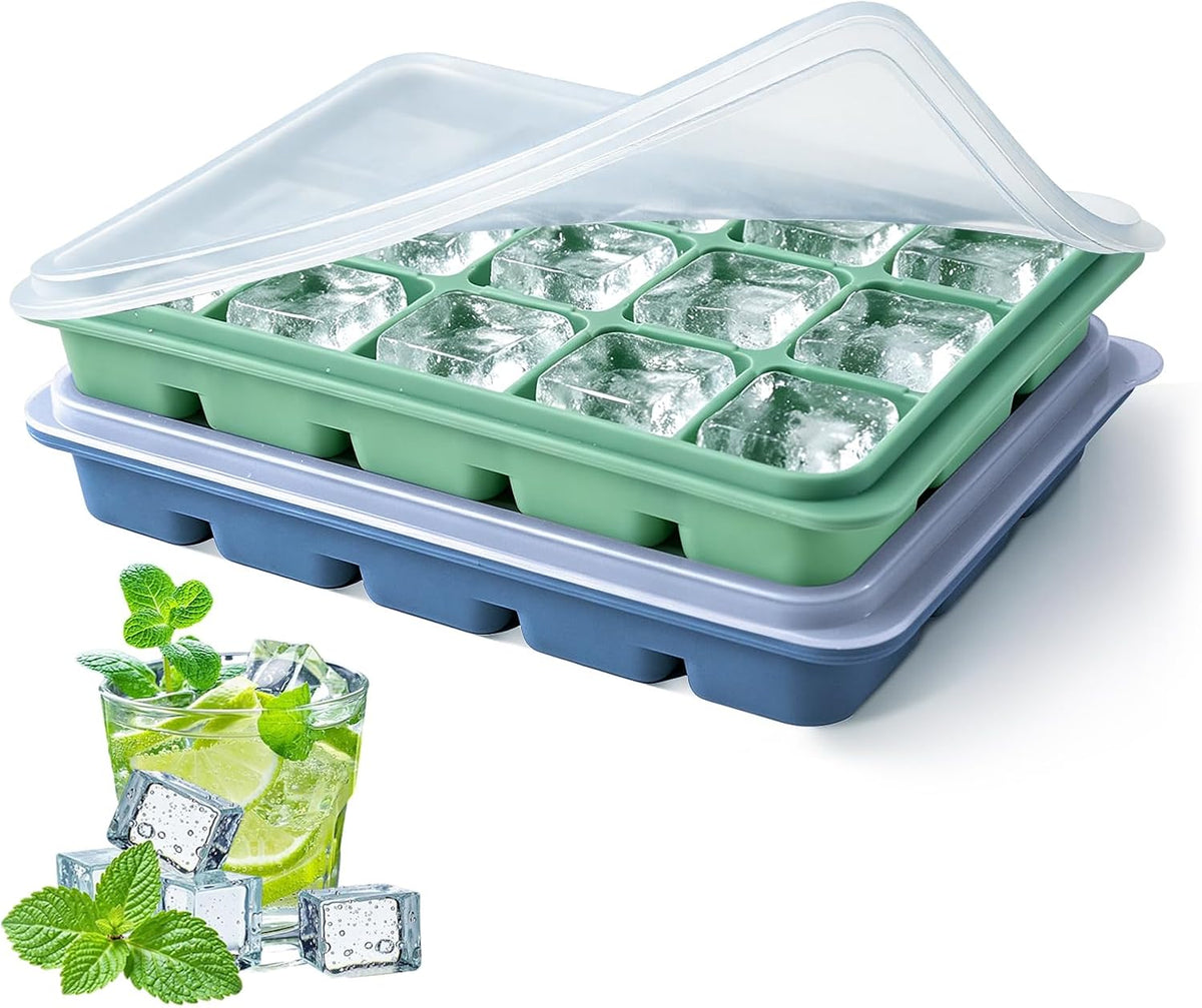 Ice Cube Trays Set of 2, 15-Cube Silicone Molds with Removable Lids