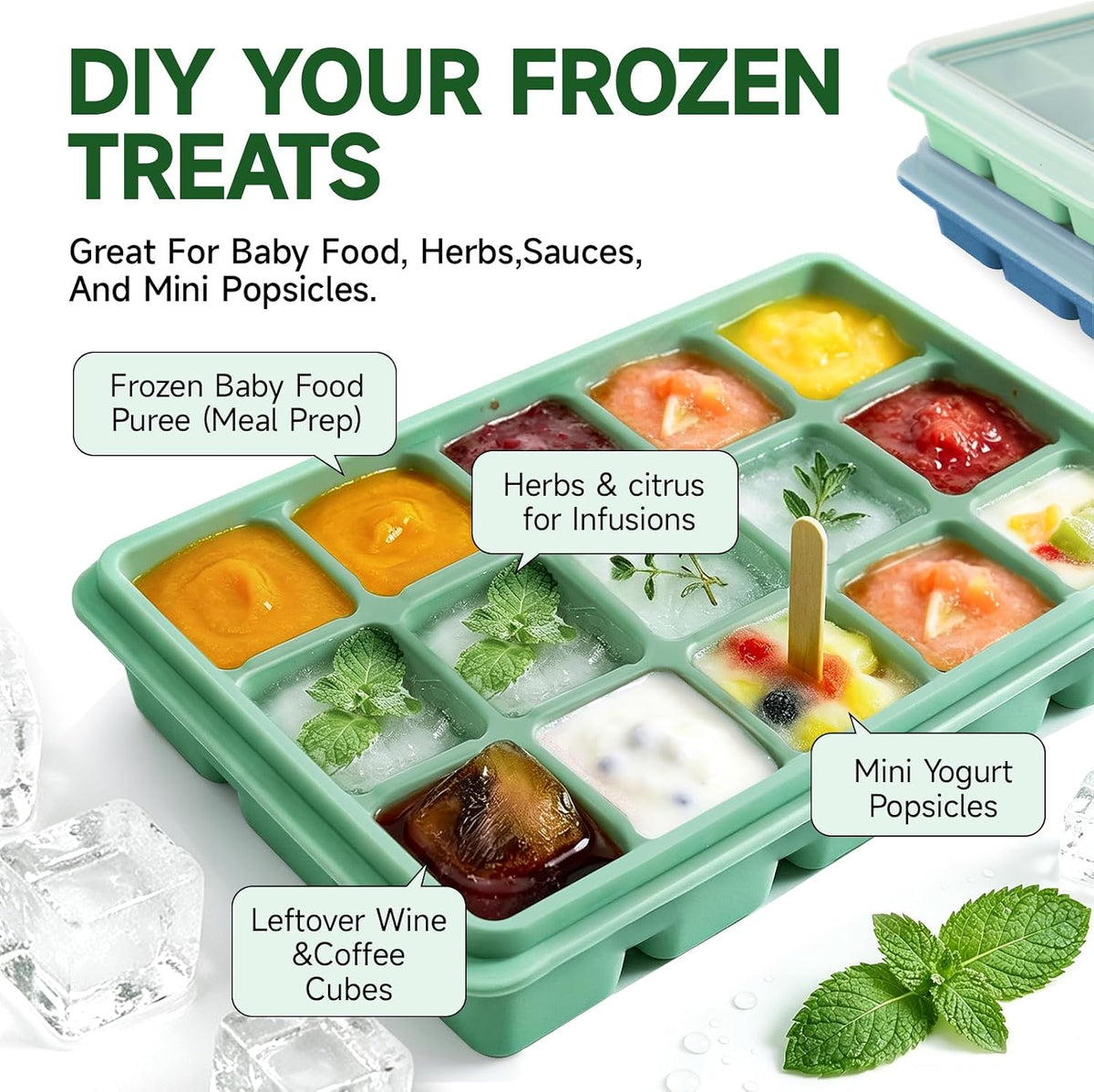 Ice Cube Trays Set of 2, 15-Cube Silicone Molds with Removable Lids