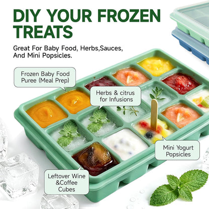 Ice Cube Trays Set of 2, 15-Cube Silicone Molds with Removable Lids