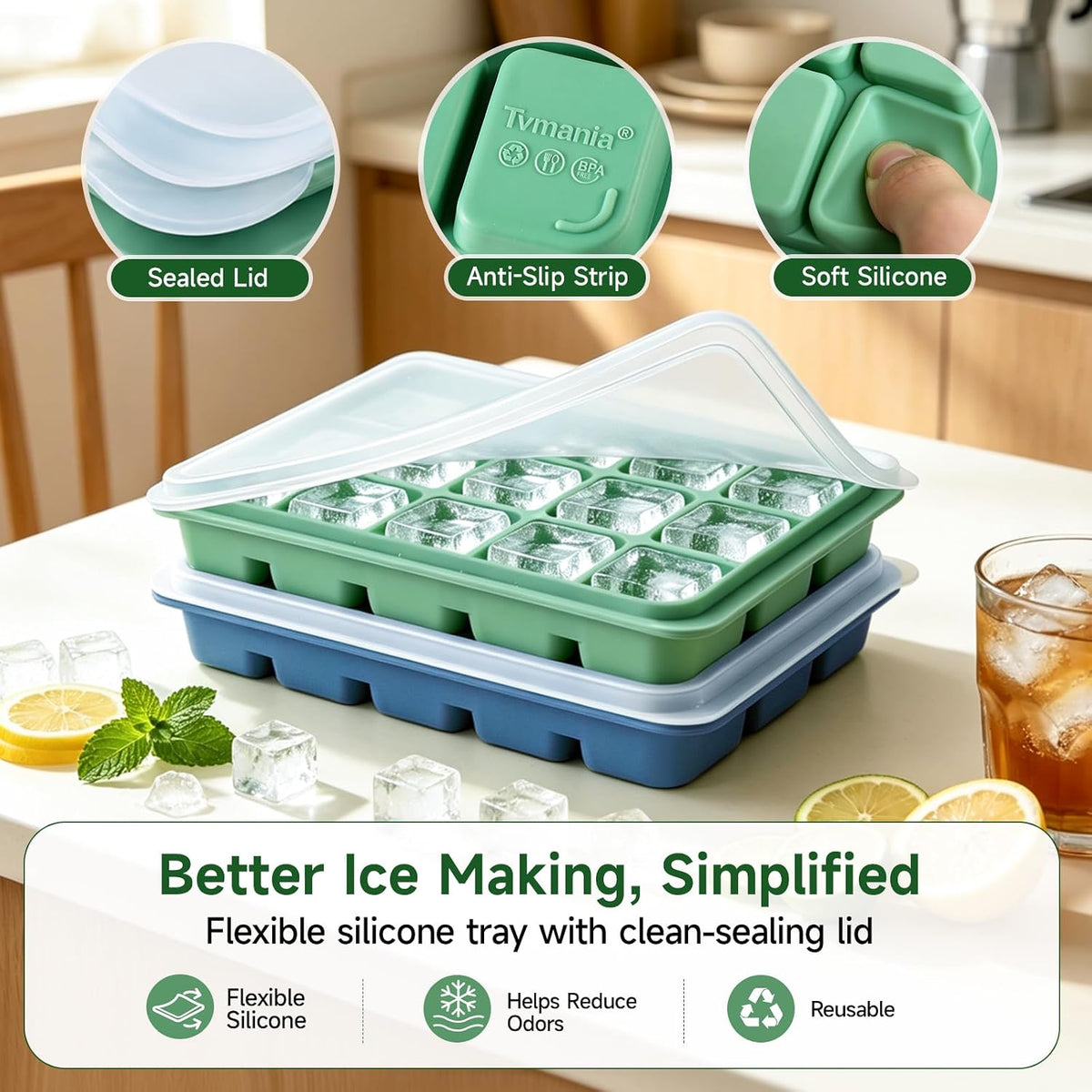 Ice Cube Trays Set of 2, 15-Cube Silicone Molds with Removable Lids
