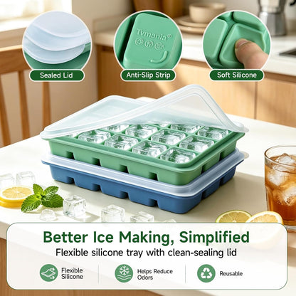 Ice Cube Trays Set of 2, 15-Cube Silicone Molds with Removable Lids