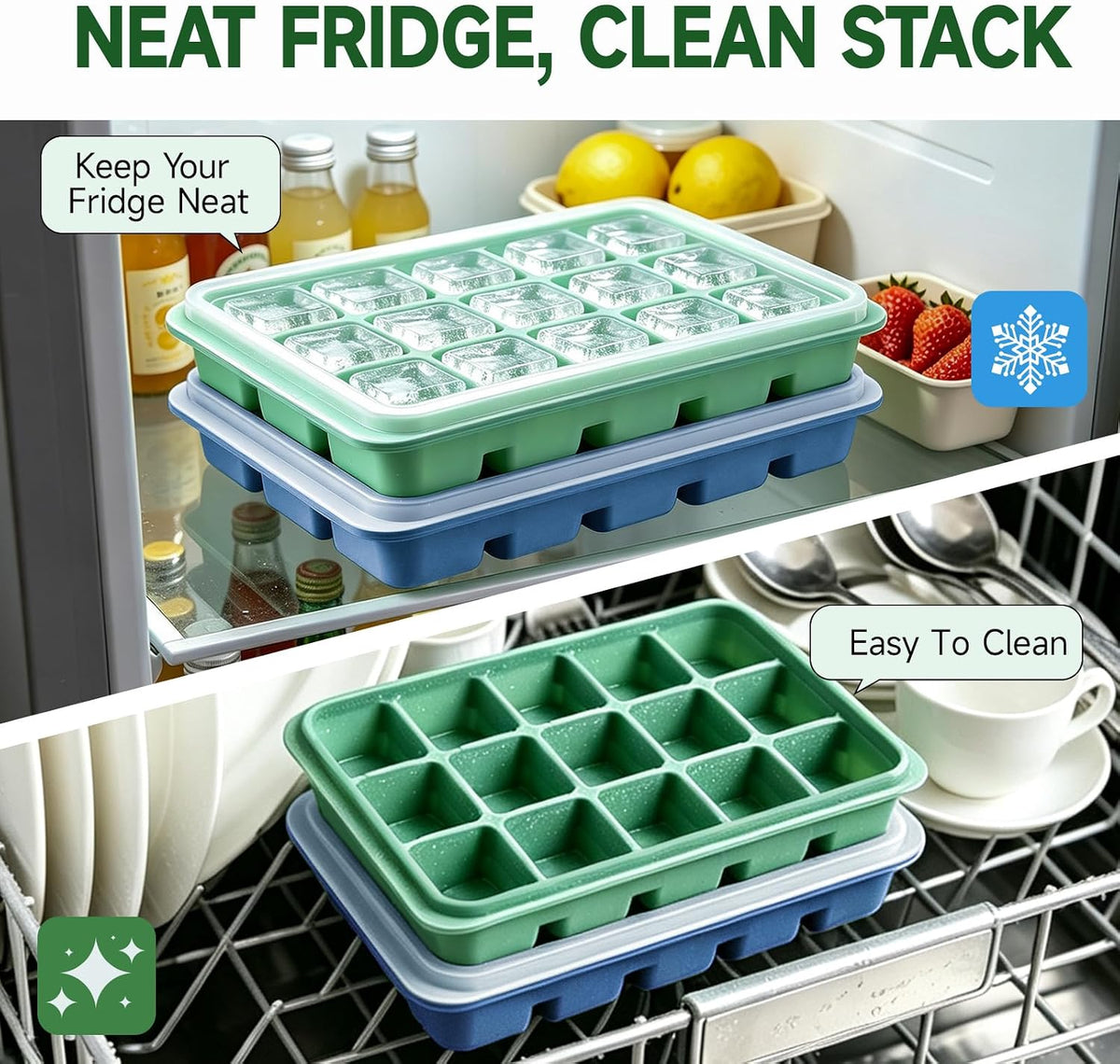 Ice Cube Trays Set of 2, 15-Cube Silicone Molds with Removable Lids