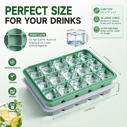 Ice Cube Trays Set of 2, 15-Cube Silicone Molds with Removable Lids