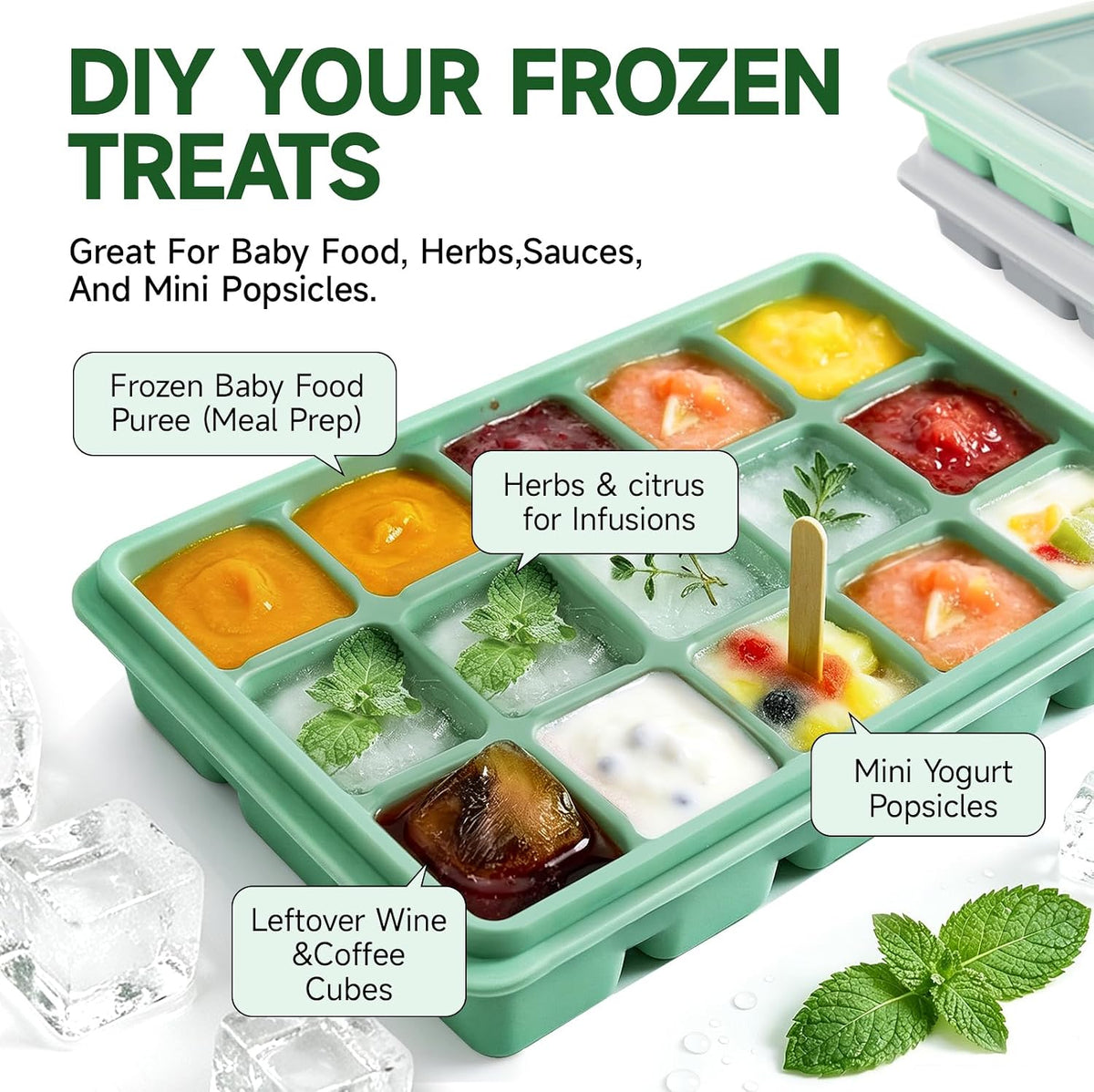 Ice Cube Trays Set of 2, 15-Cube Silicone Molds with Removable Lids