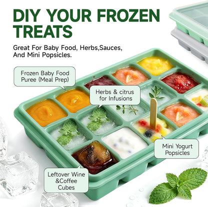 Ice Cube Trays Set of 2, 15-Cube Silicone Molds with Removable Lids