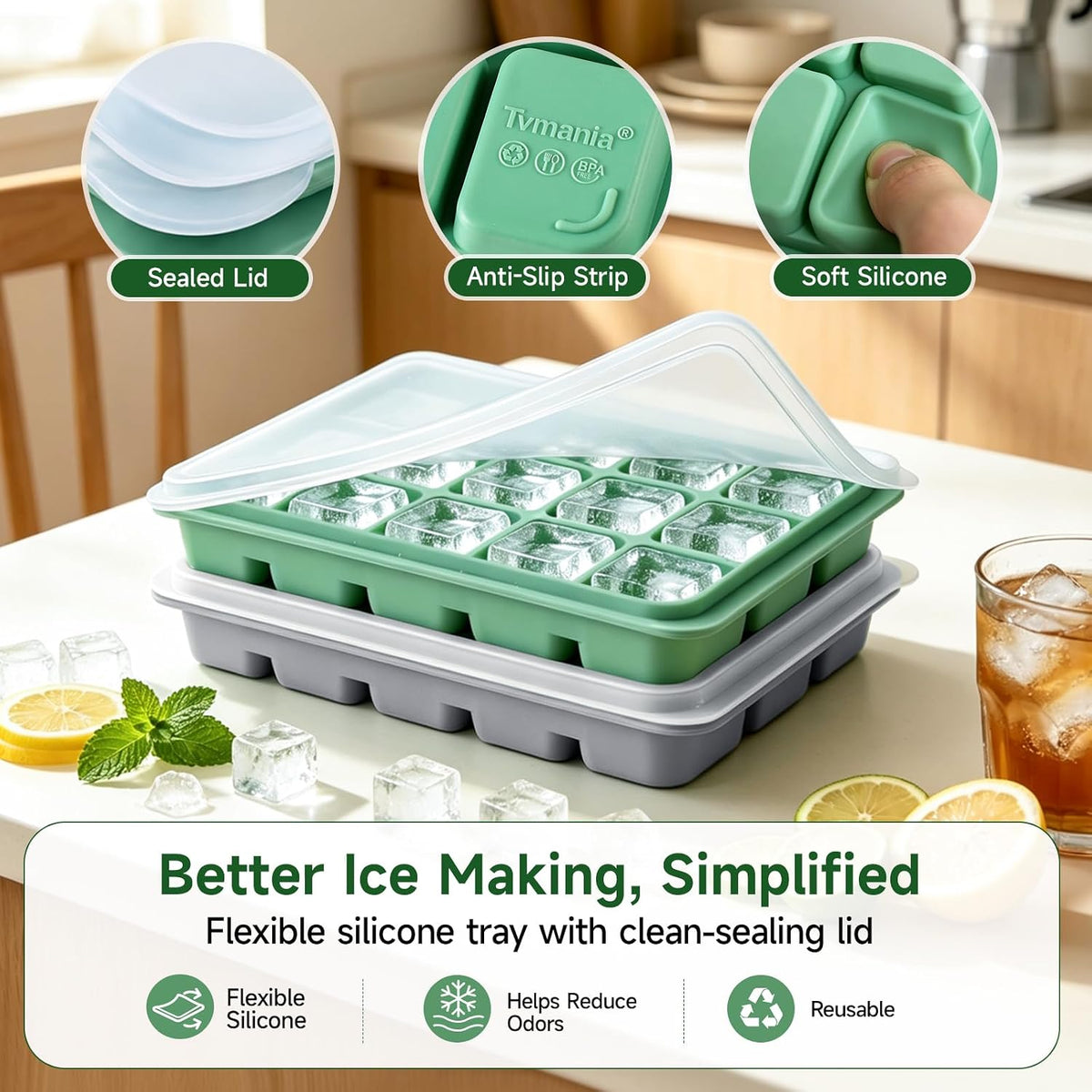 Ice Cube Trays Set of 2, 15-Cube Silicone Molds with Removable Lids