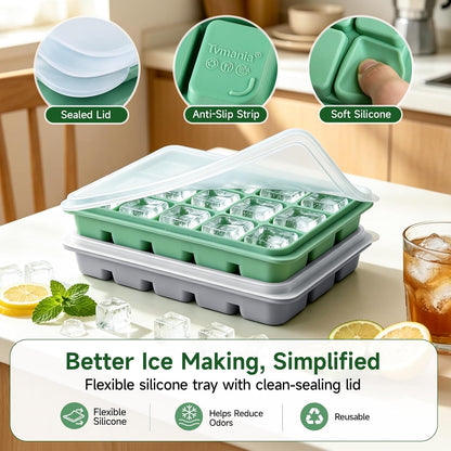 Ice Cube Trays Set of 2, 15-Cube Silicone Molds with Removable Lids