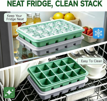 Ice Cube Trays Set of 2, 15-Cube Silicone Molds with Removable Lids