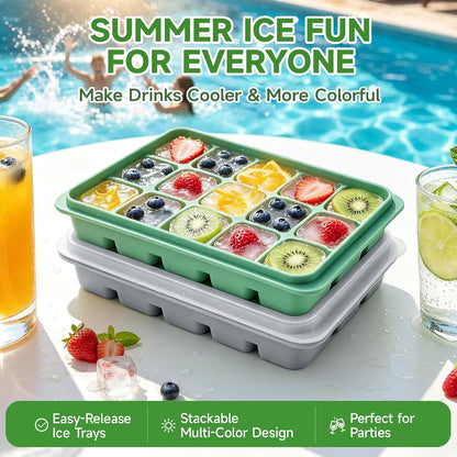 Ice Cube Trays Set of 2, 15-Cube Silicone Molds with Removable Lids