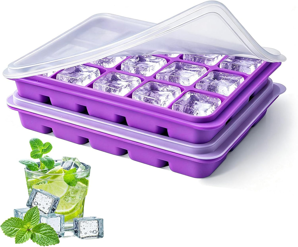 Ice Cube Trays Set of 2, 15-Cube Silicone Molds with Removable Lids