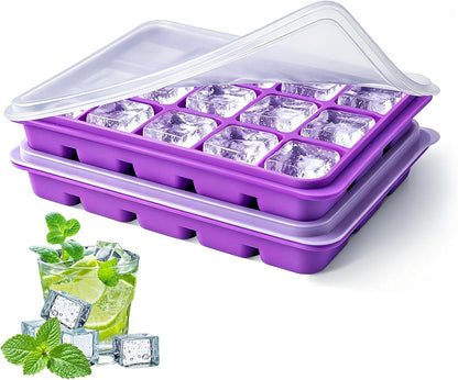 Ice Cube Trays Set of 2, 15-Cube Silicone Molds with Removable Lids