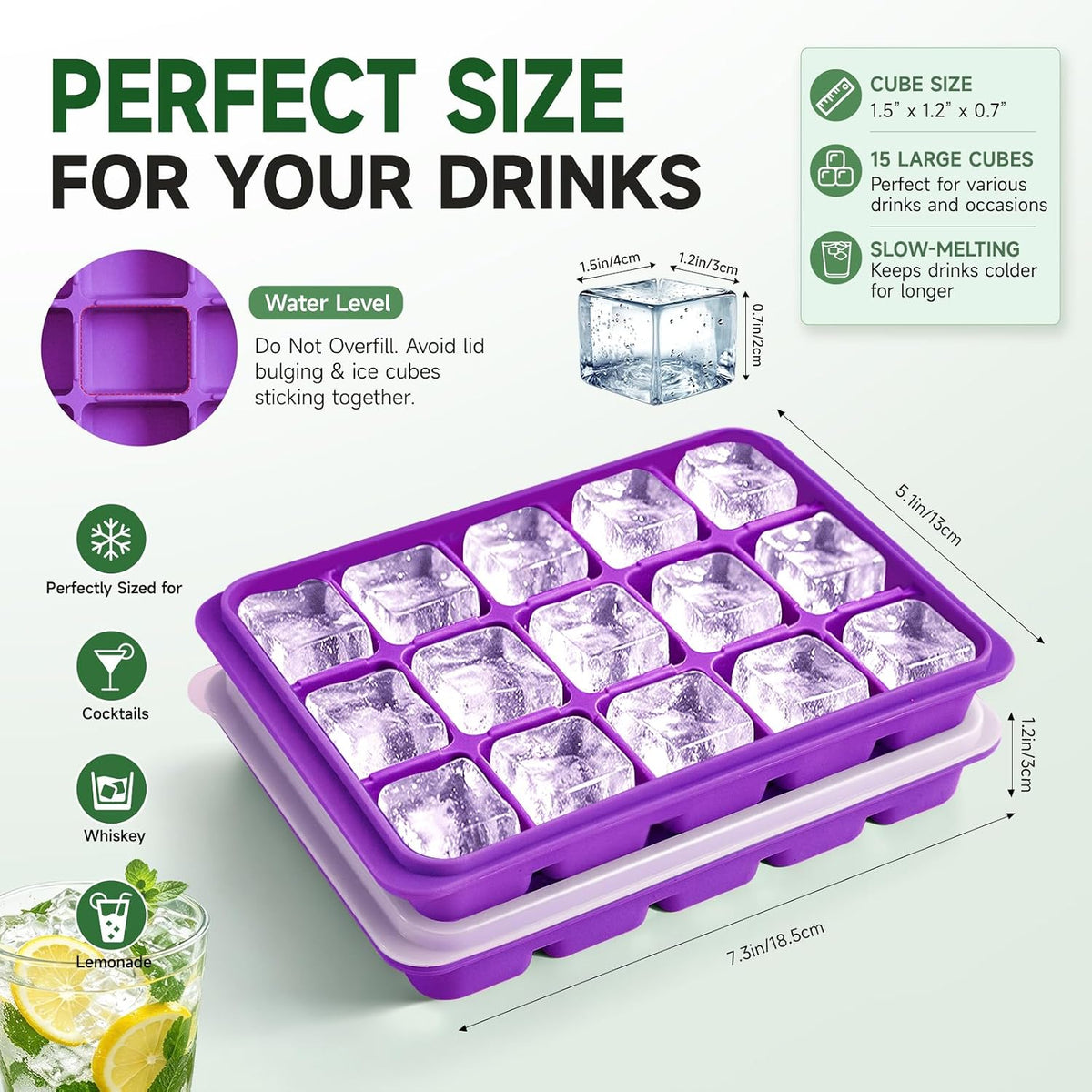 Ice Cube Trays Set of 2, 15-Cube Silicone Molds with Removable Lids