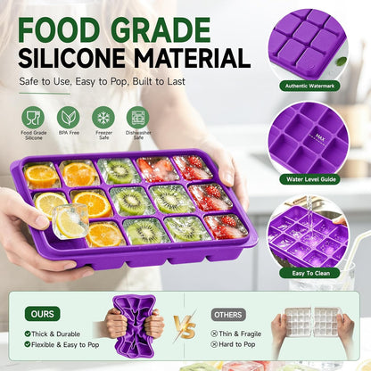 Ice Cube Trays Set of 2, 15-Cube Silicone Molds with Removable Lids