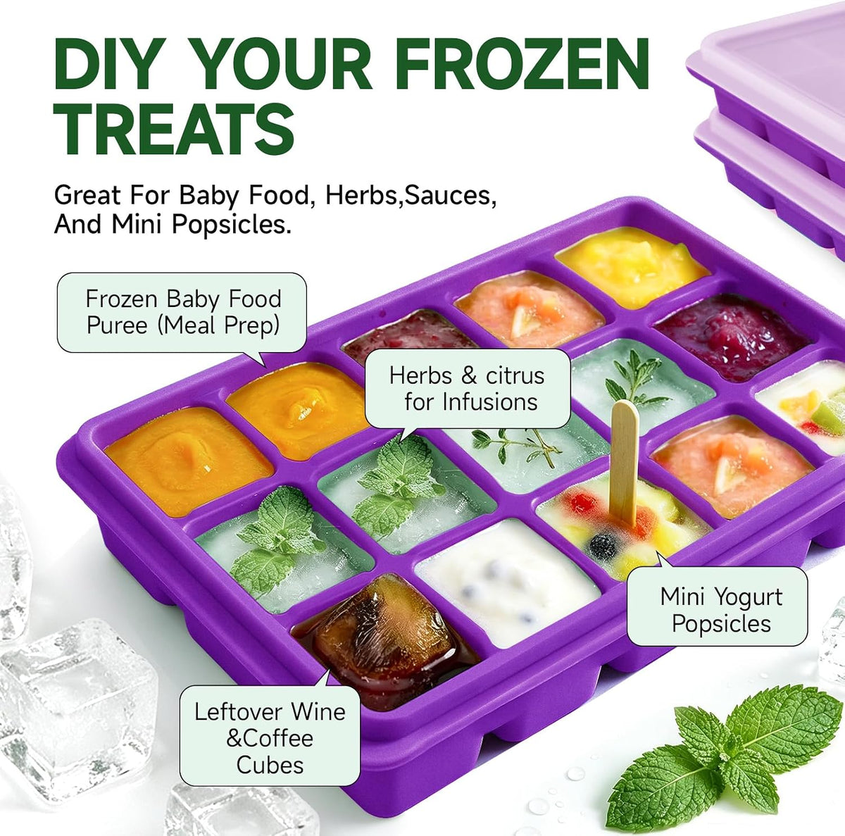 Ice Cube Trays Set of 2, 15-Cube Silicone Molds with Removable Lids