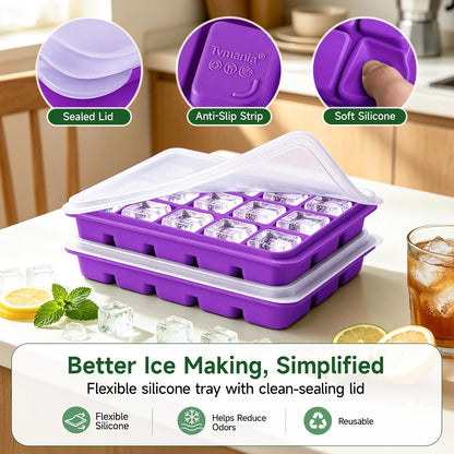 Ice Cube Trays Set of 2, 15-Cube Silicone Molds with Removable Lids