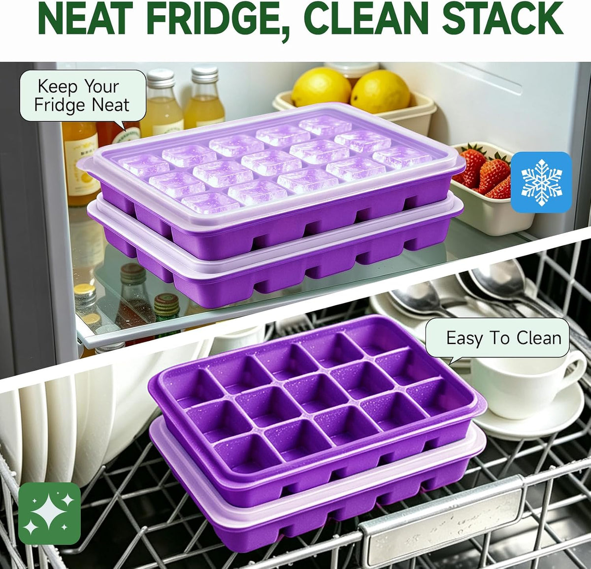 Ice Cube Trays Set of 2, 15-Cube Silicone Molds with Removable Lids