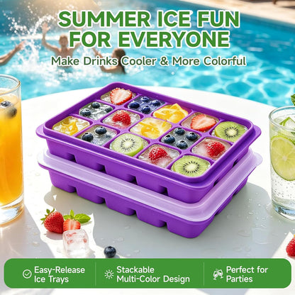 Ice Cube Trays Set of 2, 15-Cube Silicone Molds with Removable Lids