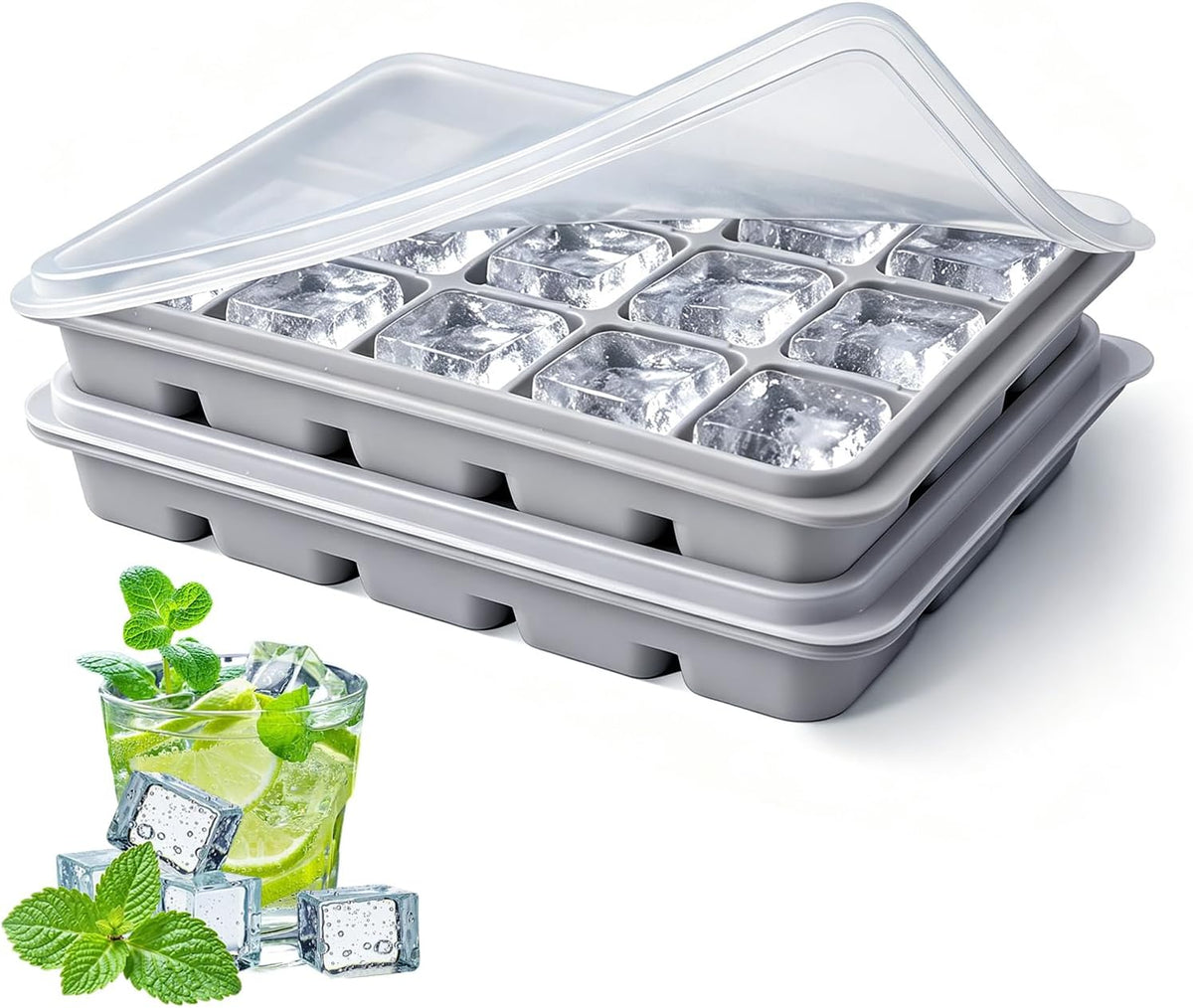 Ice Cube Trays Set of 2, 15-Cube Silicone Molds with Removable Lids