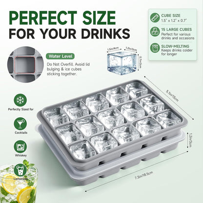 Ice Cube Trays Set of 2, 15-Cube Silicone Molds with Removable Lids