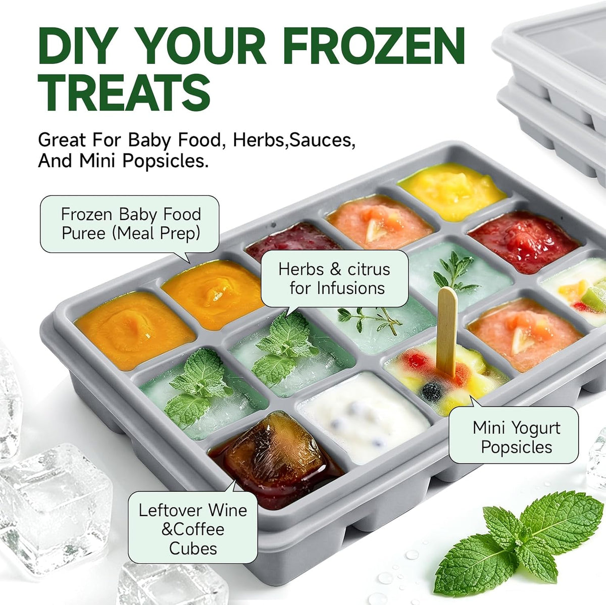 Ice Cube Trays Set of 2, 15-Cube Silicone Molds with Removable Lids