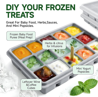 Ice Cube Trays Set of 2, 15-Cube Silicone Molds with Removable Lids