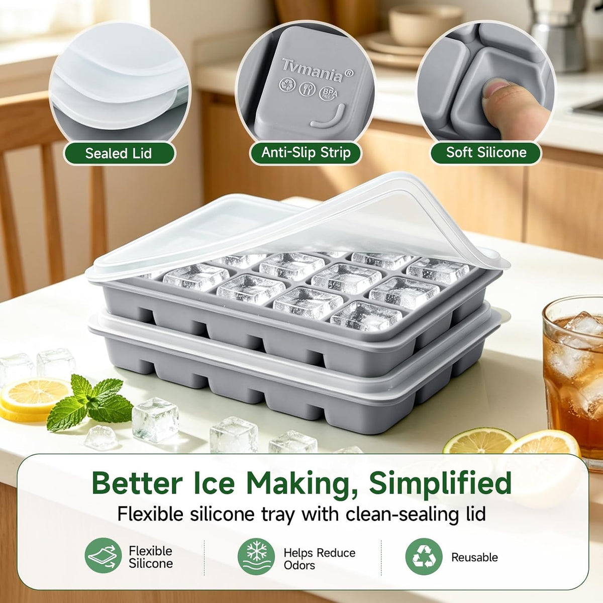 Ice Cube Trays Set of 2, 15-Cube Silicone Molds with Removable Lids