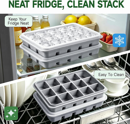 Ice Cube Trays Set of 2, 15-Cube Silicone Molds with Removable Lids