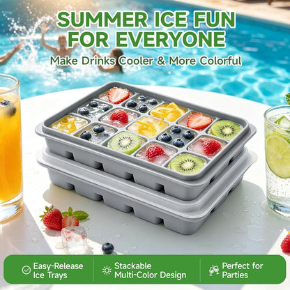 Ice Cube Trays Set of 2, 15-Cube Silicone Molds with Removable Lids
