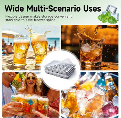 Ice Cube Trays Set of 2, 15-Cube Silicone Molds with Removable Lids