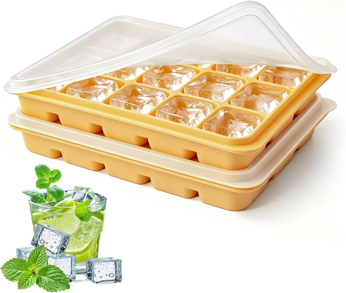 Ice Cube Trays Set of 2, 15-Cube Silicone Molds with Removable Lids