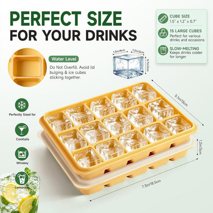 Ice Cube Trays Set of 2, 15-Cube Silicone Molds with Removable Lids