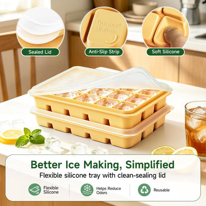 Ice Cube Trays Set of 2, 15-Cube Silicone Molds with Removable Lids