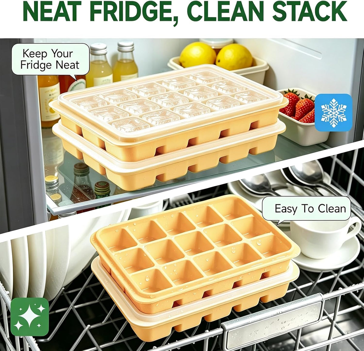 Ice Cube Trays Set of 2, 15-Cube Silicone Molds with Removable Lids
