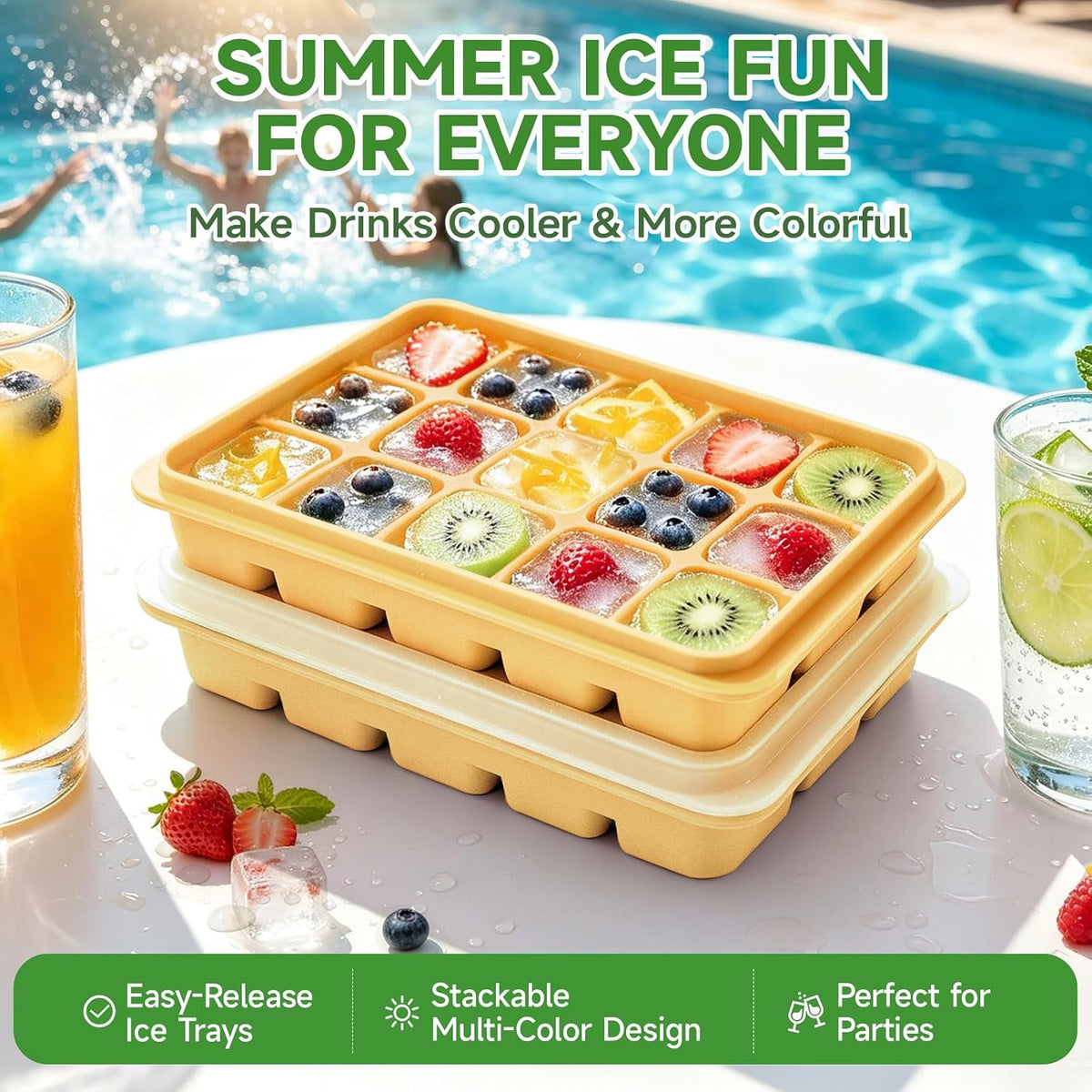 Ice Cube Trays Set of 2, 15-Cube Silicone Molds with Removable Lids
