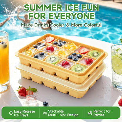 Ice Cube Trays Set of 2, 15-Cube Silicone Molds with Removable Lids