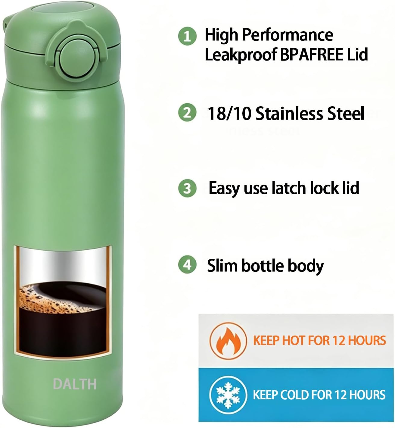 HuronTravel Mug Screw Cap Stainless Steel Drinking Cup100% LeakproofOne Click Safety LockVacuum Stainless Steel Water Bottle for School (green, 16.9, ounces)