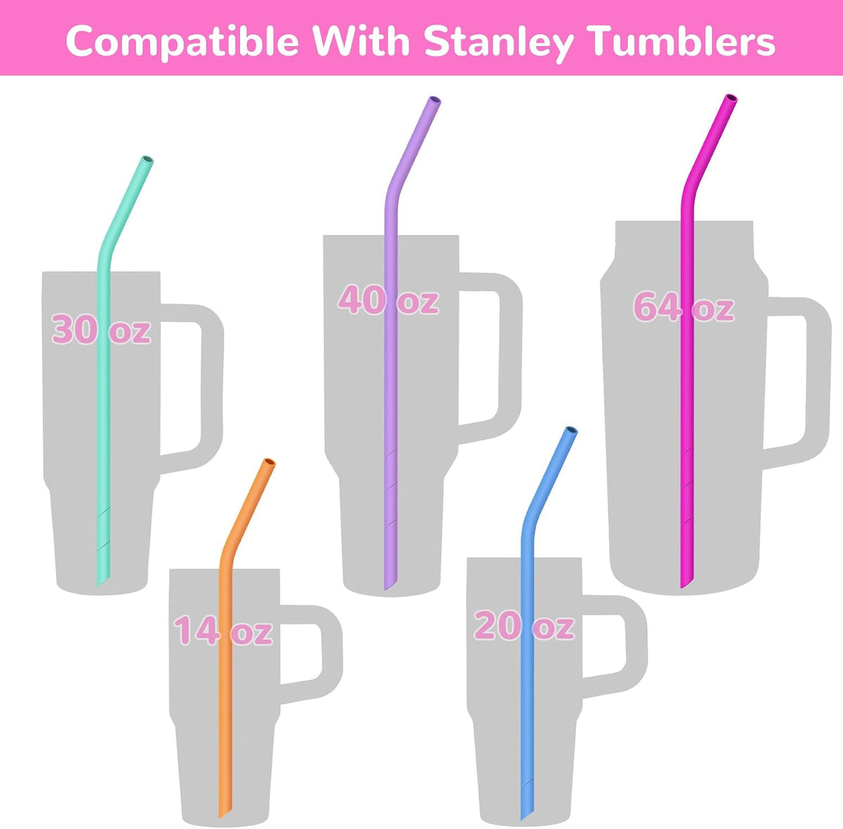 14PCS Silicone Straws Fit for Stanley 40oz 30oz Tumbler, 14” Straws
