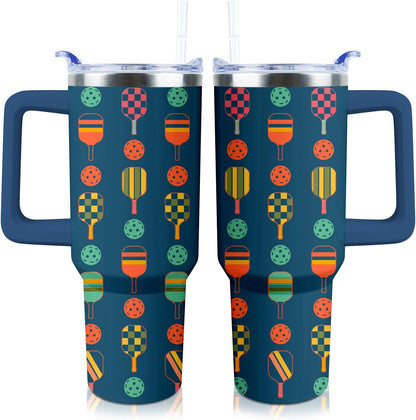 Pickleball Mug 40 oz Tumbler with Handle Straw Lid Leak Proof | Pickleball Water Bottle Coffee Mug Insulated for Hot Cold Ice Christmas Birthday Gifts for Women Men Cup
