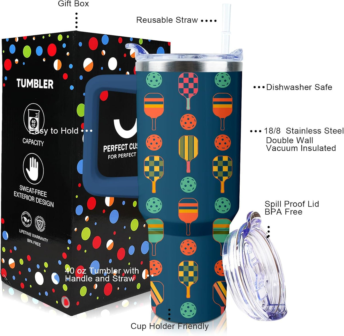 Pickleball Mug 40 oz Tumbler with Handle Straw Lid Leak Proof | Pickleball Water Bottle Coffee Mug Insulated for Hot Cold Ice Christmas Birthday Gifts for Women Men Cup