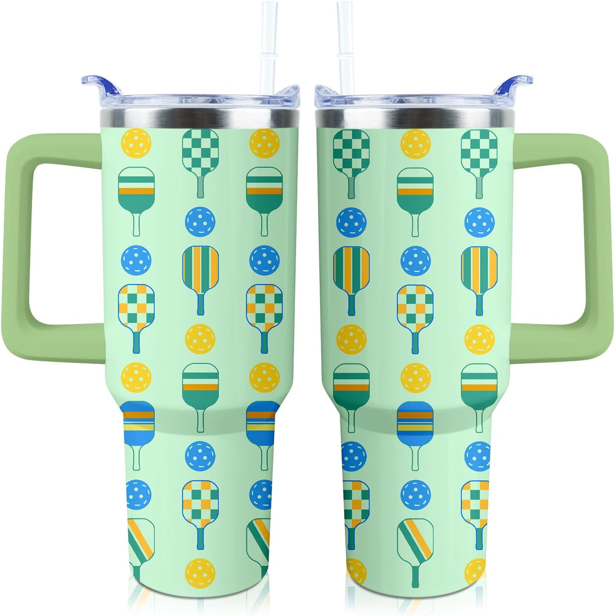 Pickleball Mug 40 oz Tumbler with Handle Straw Lid Leak Proof | Pickleball Water Bottle Coffee Mug Insulated for Hot Cold Ice Christmas Birthday Gifts for Women Men Cup